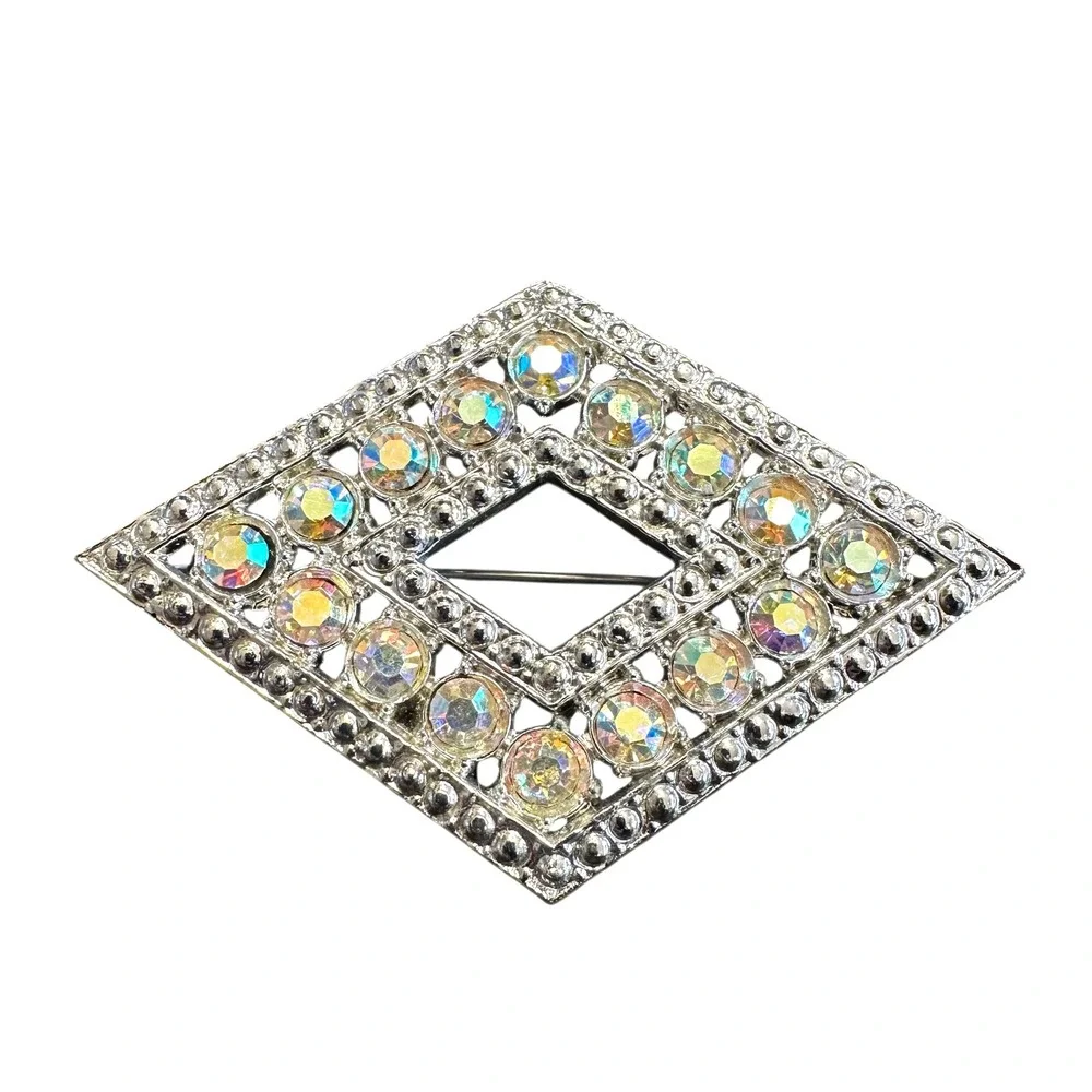 VTG Aurora Borealis Silvertone Brooch Diamond Shape‎ AB Rhinestone Pin 1950s MCM
